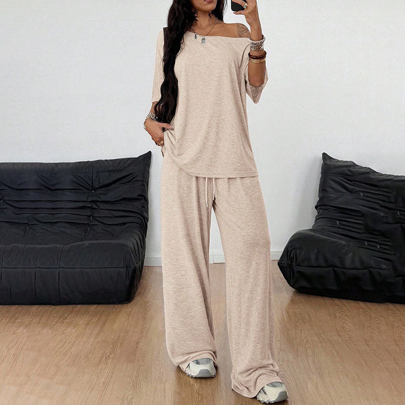 Off-shoulder short-sleeve top and wide-leg trousers set