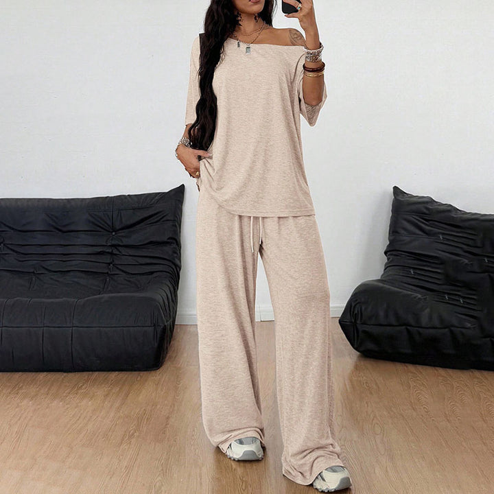 Off-shoulder short-sleeve top and wide-leg trousers set
