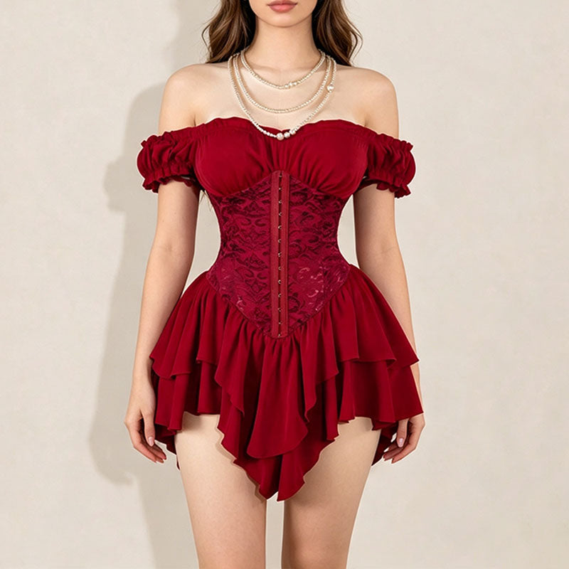 Off-shoulder ruffled waist-cinching dress