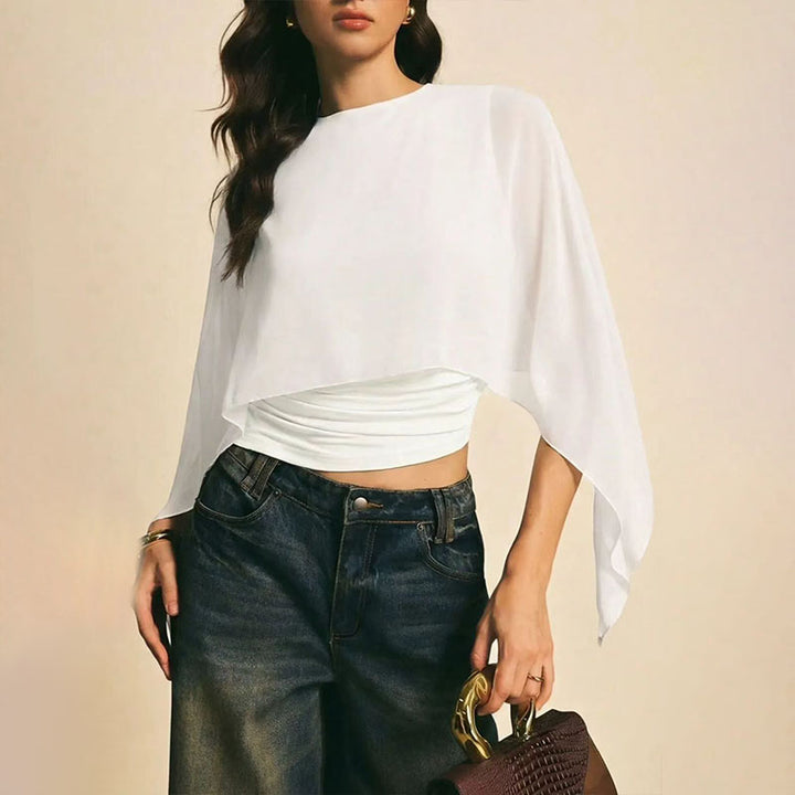 Round neck layered cape sleeve irregular top