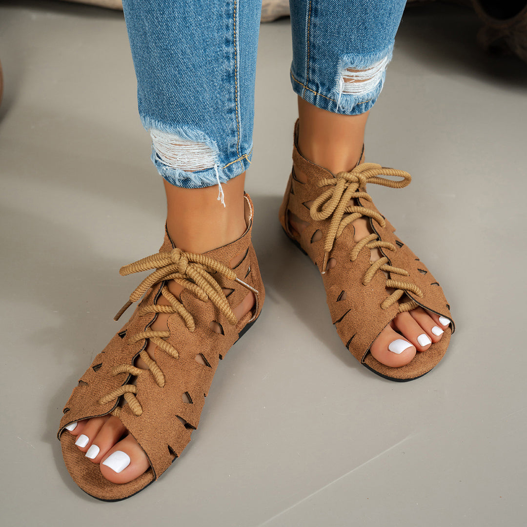 Lace-up openwork flat zipper sandals