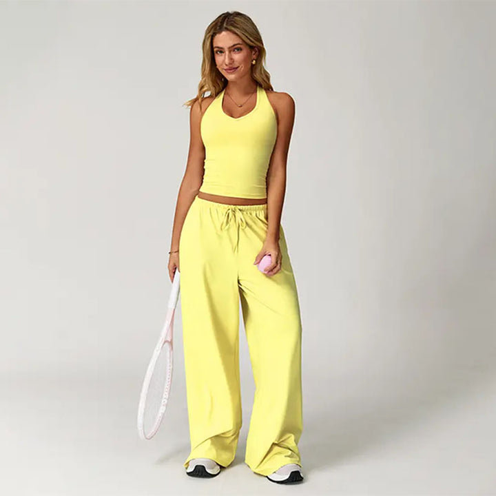 Sporty halter neck top and drawstring pants two-piece set