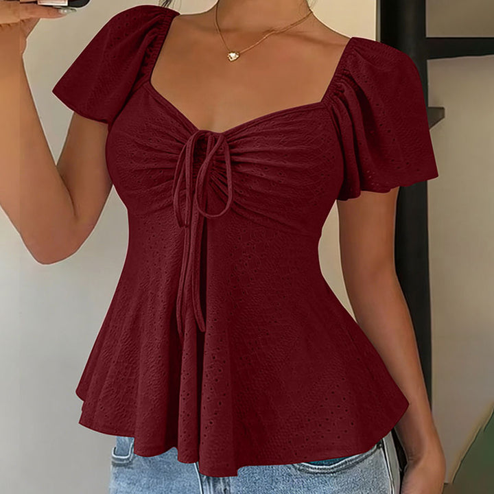 V-neck cut-out embroidered peplum top