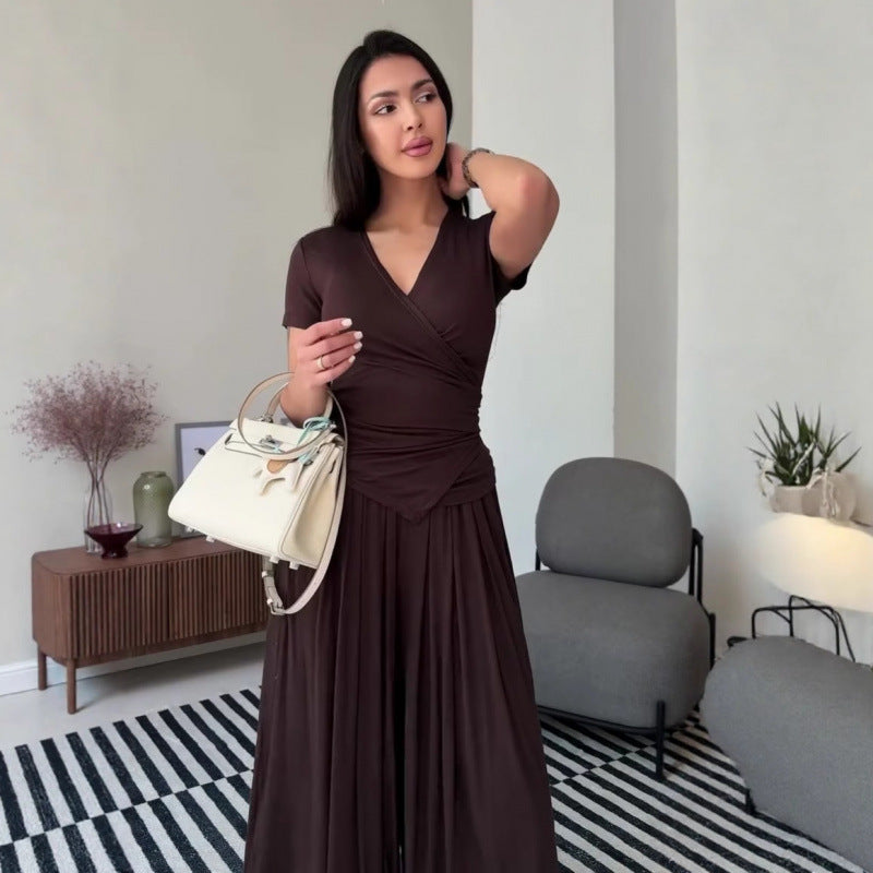 Cross-neck top and wide-leg pants suit