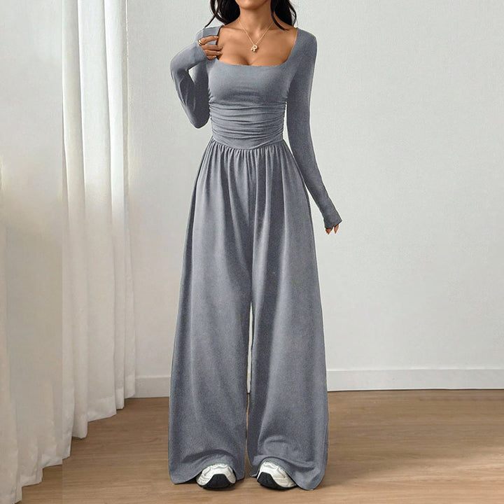 Square neck long sleeves fitted waist wide-leg jumpsuit