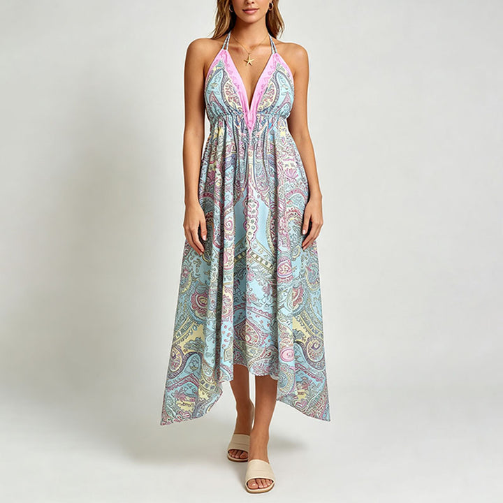Bohemian Print Halter-Neck Tie-Strap Dress