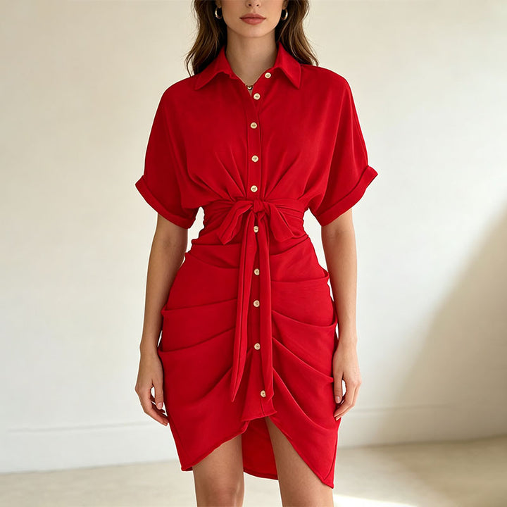 Belted pleated shirt dress