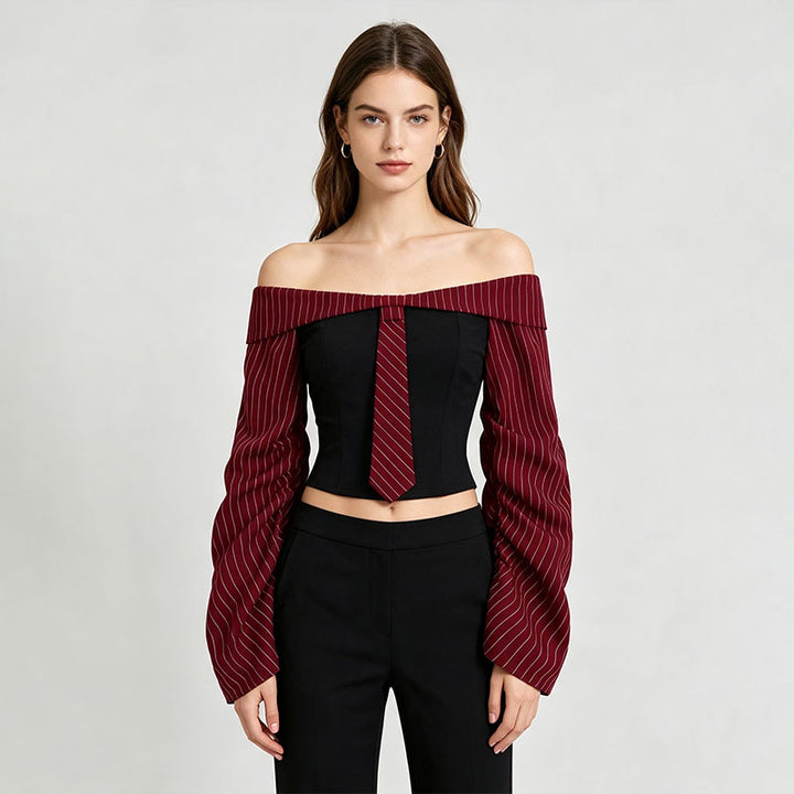 Off-shoulder color-blocked striped long-sleeved top