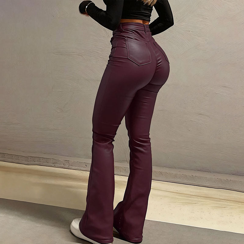 High-waisted stretch slim-fit flared leather pants