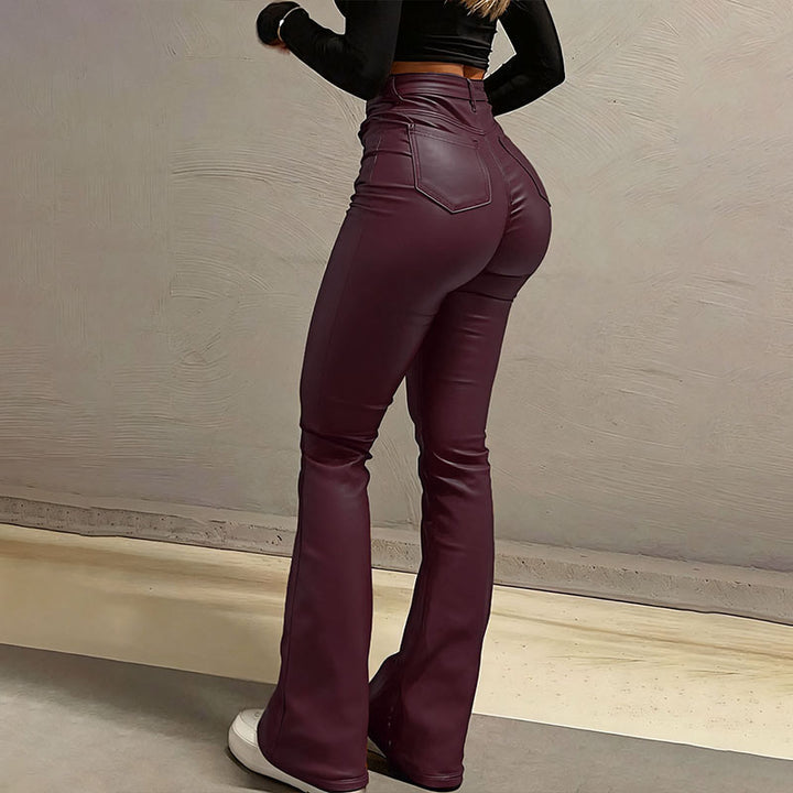 High-waisted stretch slim-fit flared leather pants
