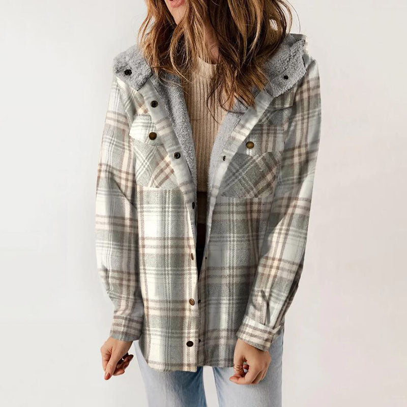 Casual hooded plaid fleece jacket
