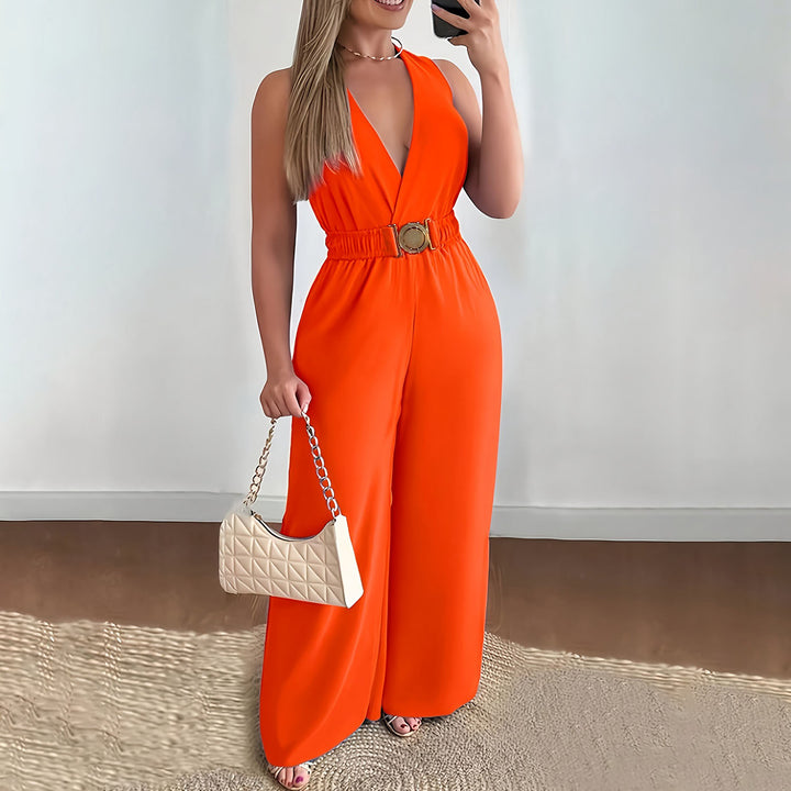 V-neck sleeveless wide-leg jumpsuit
