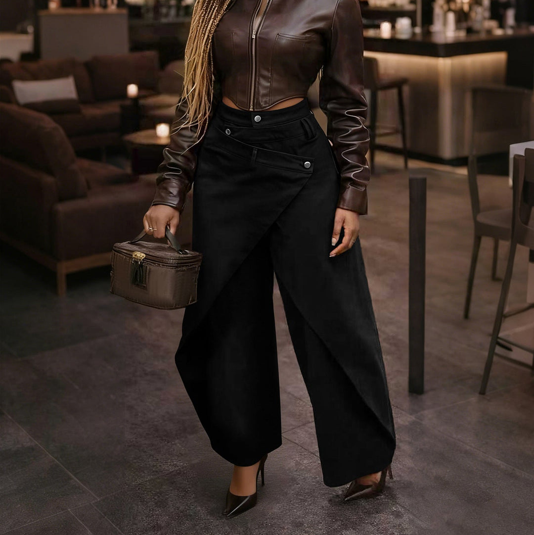 Retro Irregular Overlay Wide‑Leg Trousers