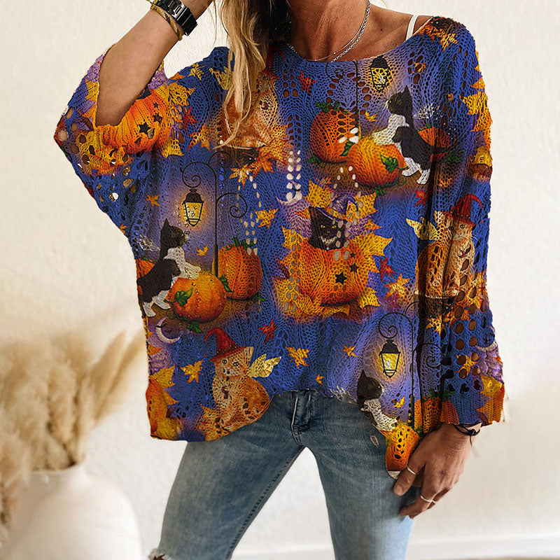 Halloween-print cut-out long-sleeve top