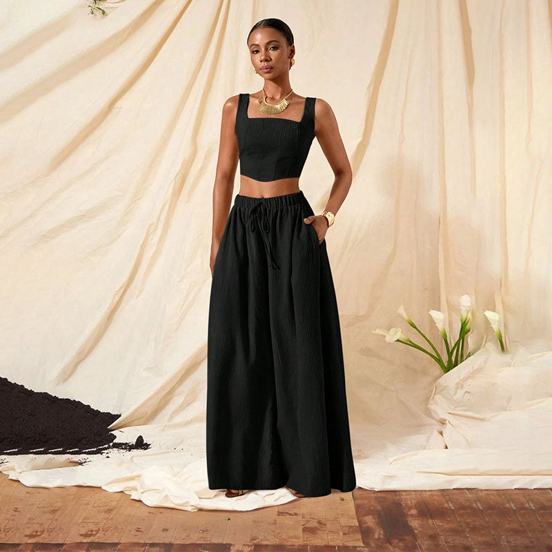 Square-neck cropped top and wide-leg trousers set