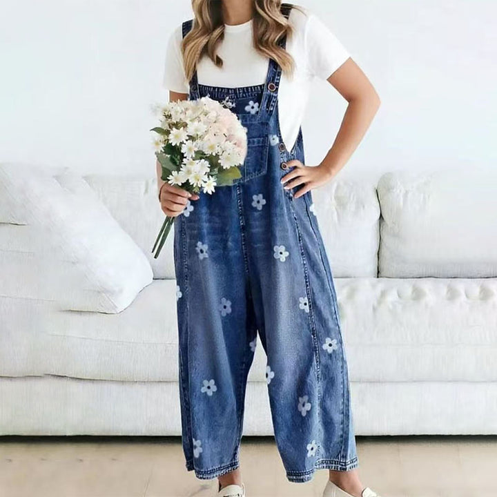 Floral denim wide-leg overalls