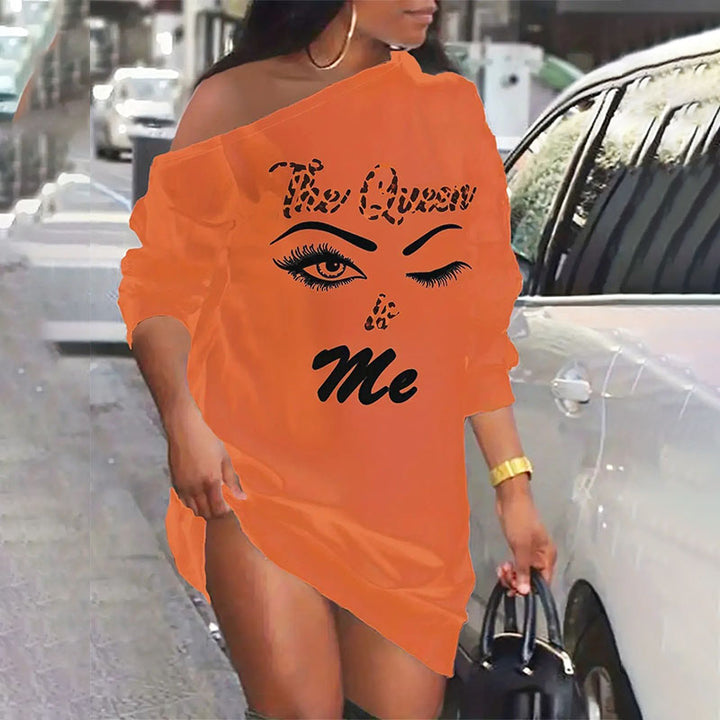 One-shoulder printed casual long-sleeve T-shirt dress