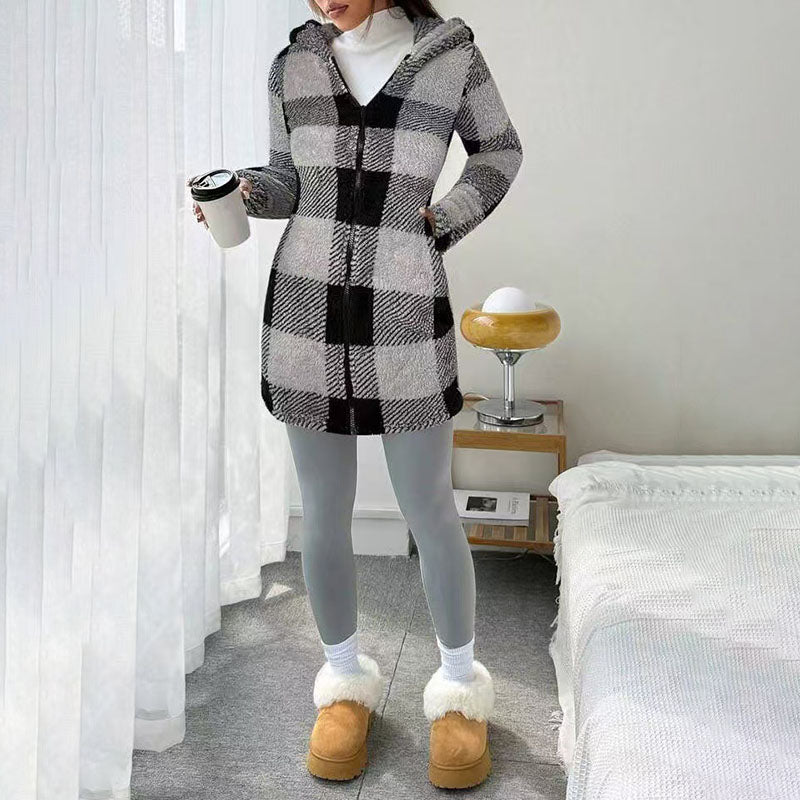 Plaid plush hooded zip-up jacket