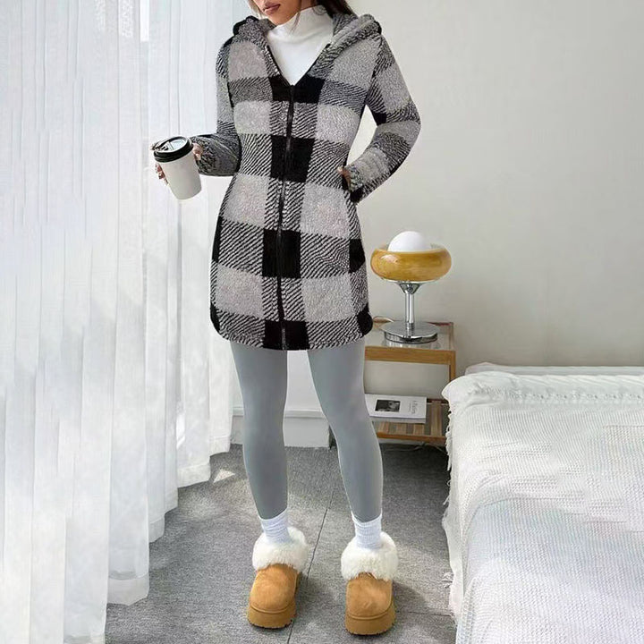 Plaid plush hooded zip-up jacket