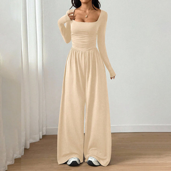 Square neck long sleeves fitted waist wide-leg jumpsuit