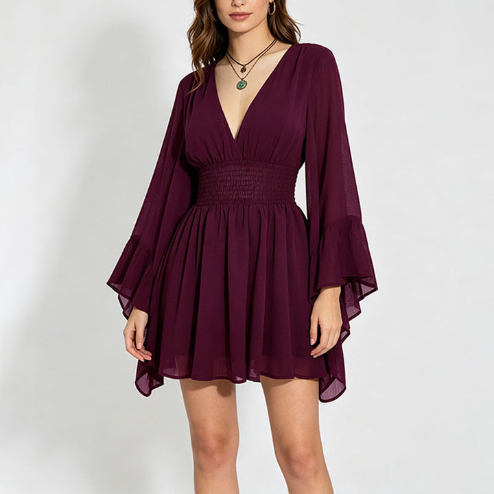 V-neck flared long-sleeved fitted waist dress