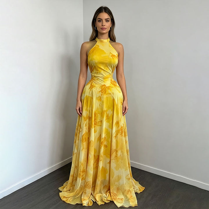 Resort-style printed turtleneck fitted pleated dress