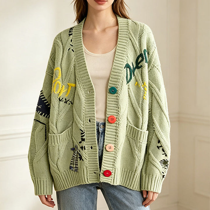 Retro pattern cable knit cardigan