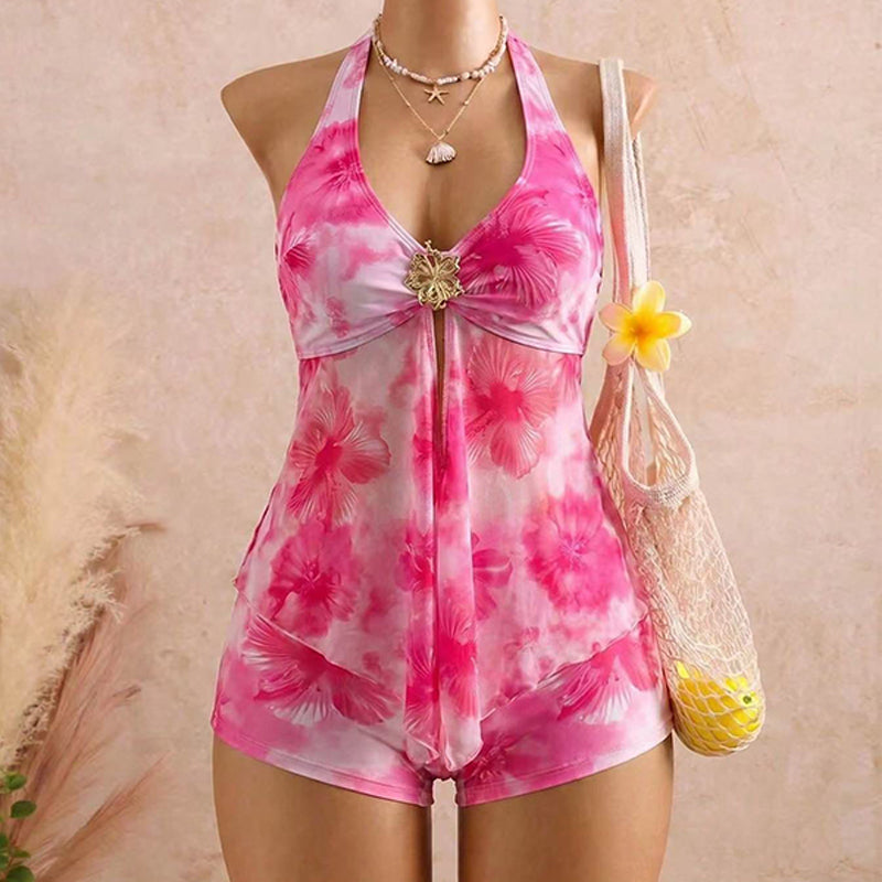 Halter neck deep V mesh swimsuit and swim trunks two-piece set