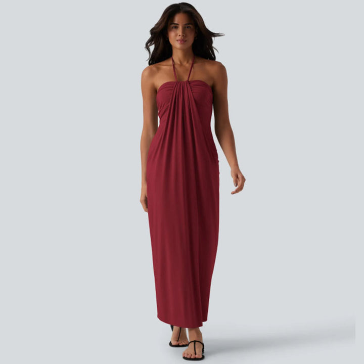 Draped, form-fitting halter maxi dress