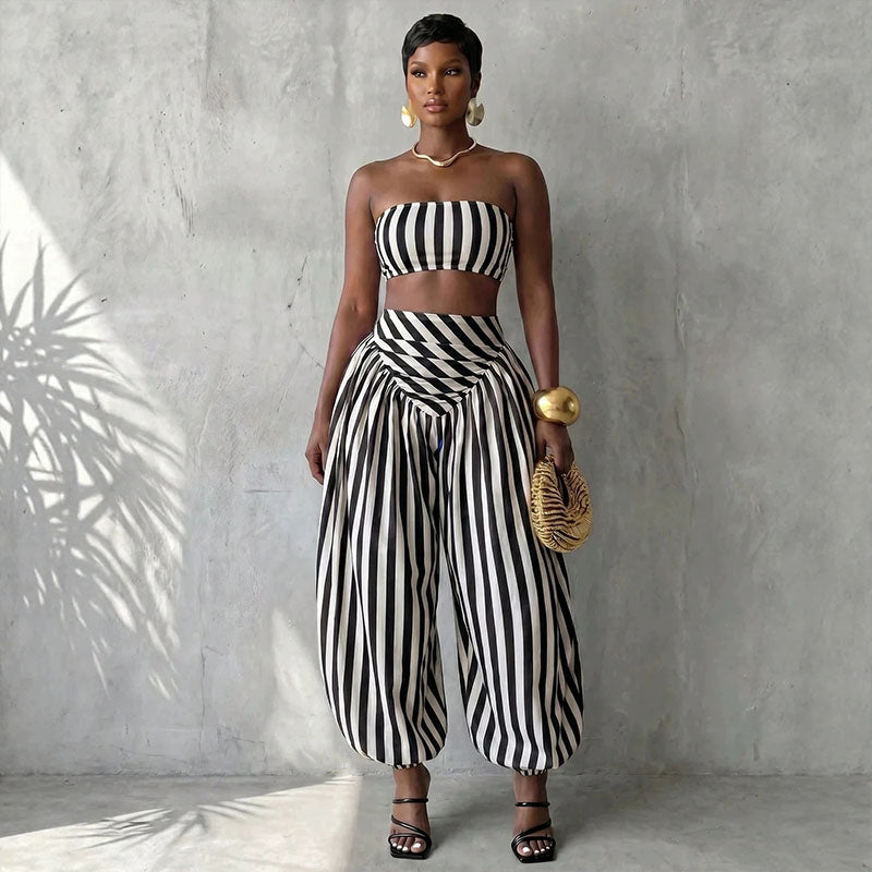 Striped strapless top and harem pants two-piece set