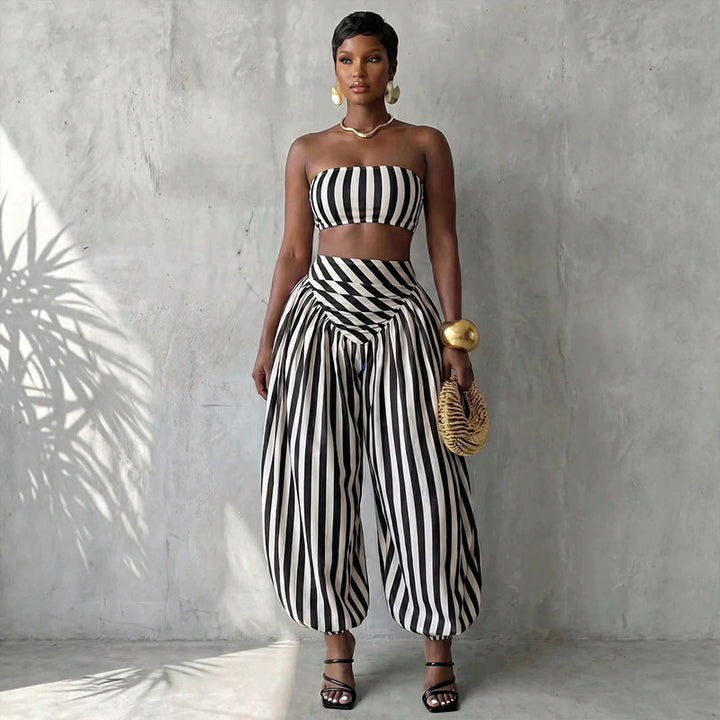 Striped strapless top and harem pants two-piece set