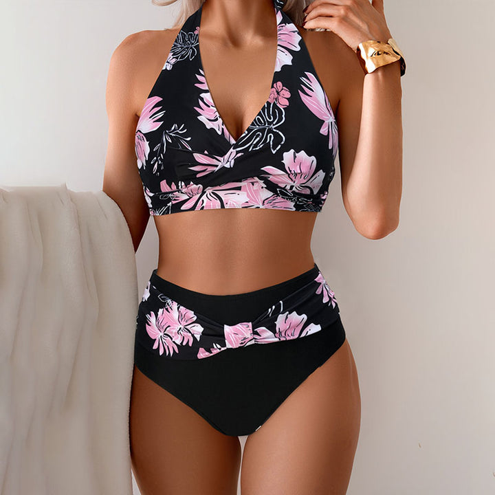 V-neck twist-front halter two-piece swimsuit set