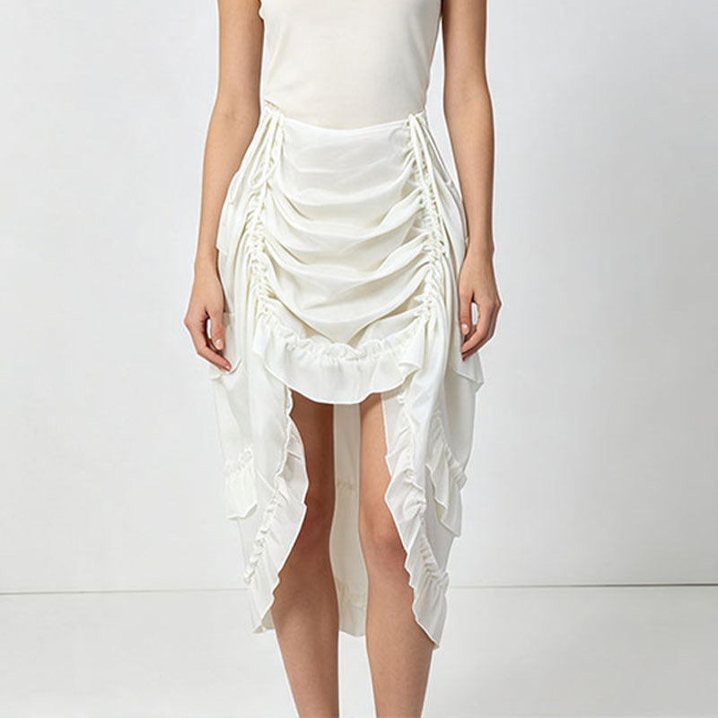 High-waisted irregular ruched ruffle maxi skirt