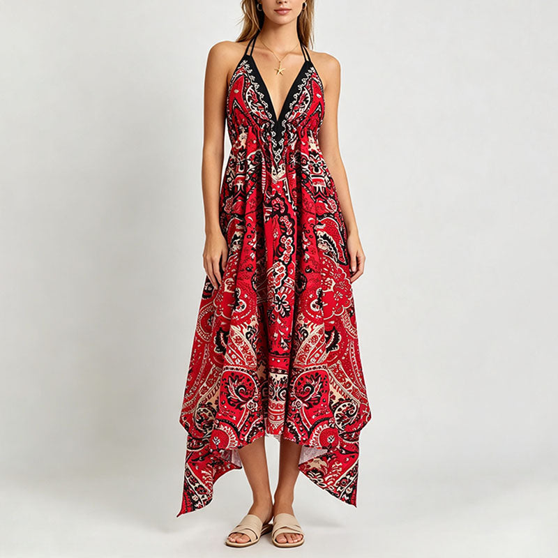 Bohemian Print Halter-Neck Tie-Strap Dress