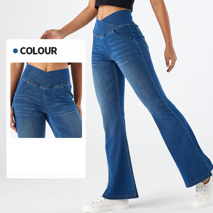 High-Waisted Crisscross Stretch Kick-Flare Jeans