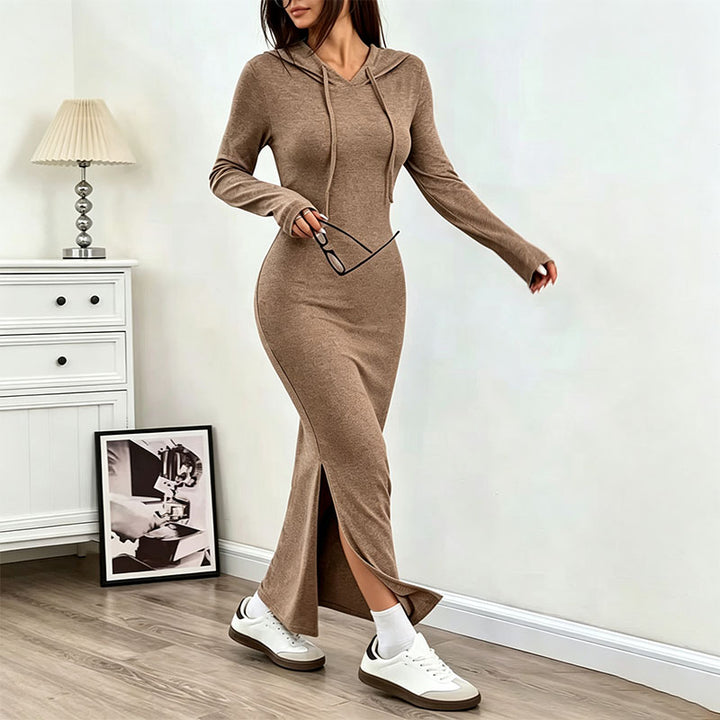 Casual side-slit hooded long dress