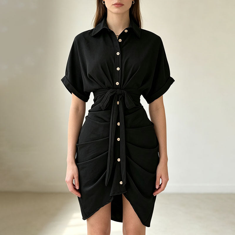 Belted pleated shirt dress