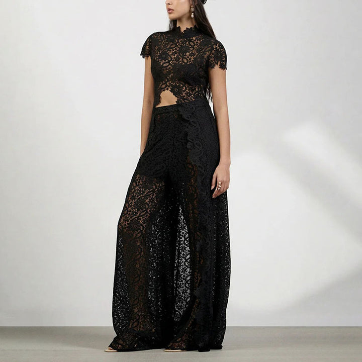 Ruffled lace front-slit top and wide-leg pants set