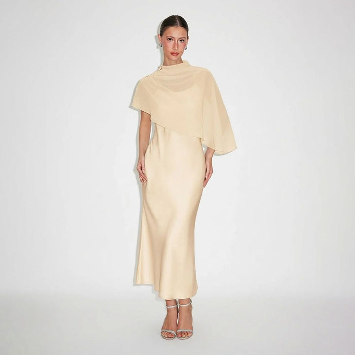 High-neck asymmetrical shawl and camisole dress set