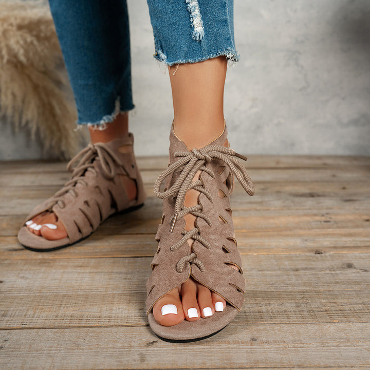 Lace-up openwork flat zipper sandals