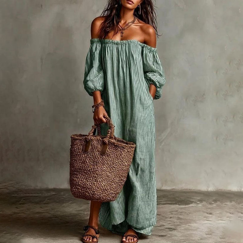 Striped off-shoulder puff-sleeve loose dress