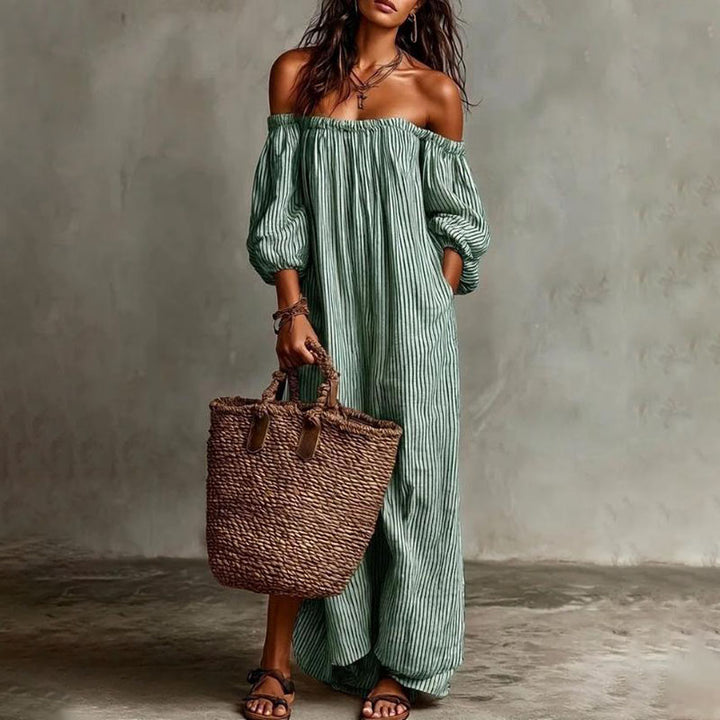 Striped off-shoulder puff-sleeve loose dress