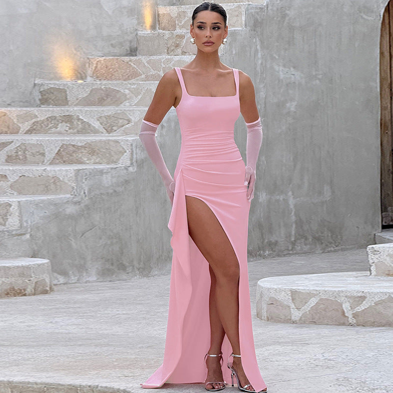 Square neckline pleated side slit mermaid long dress