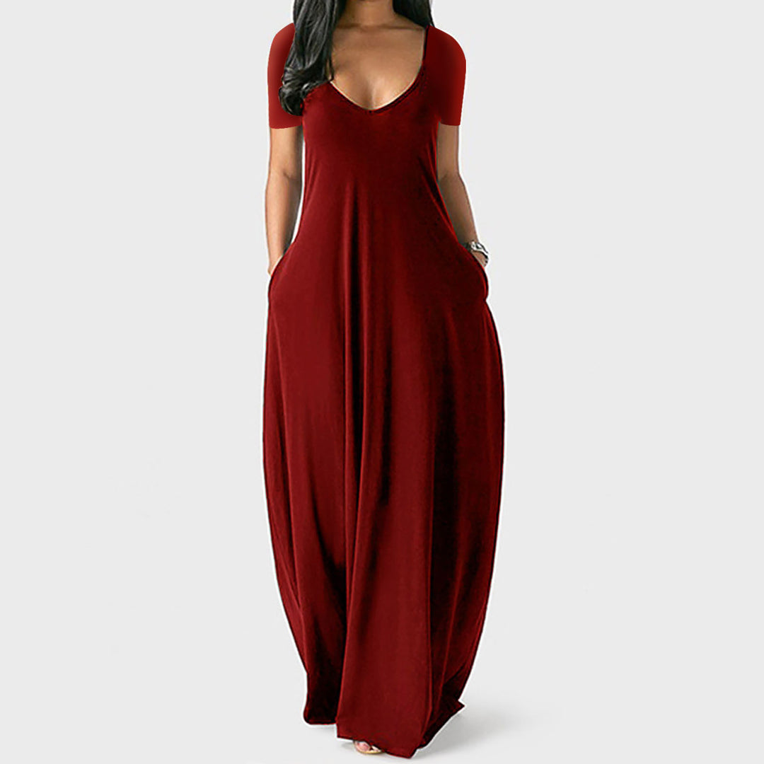 V-neck short-sleeved loose casual long dress
