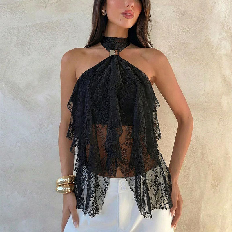 Irregular hem ruffle halter top
