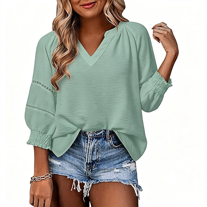 V-neck cut-out puff-sleeve casual top