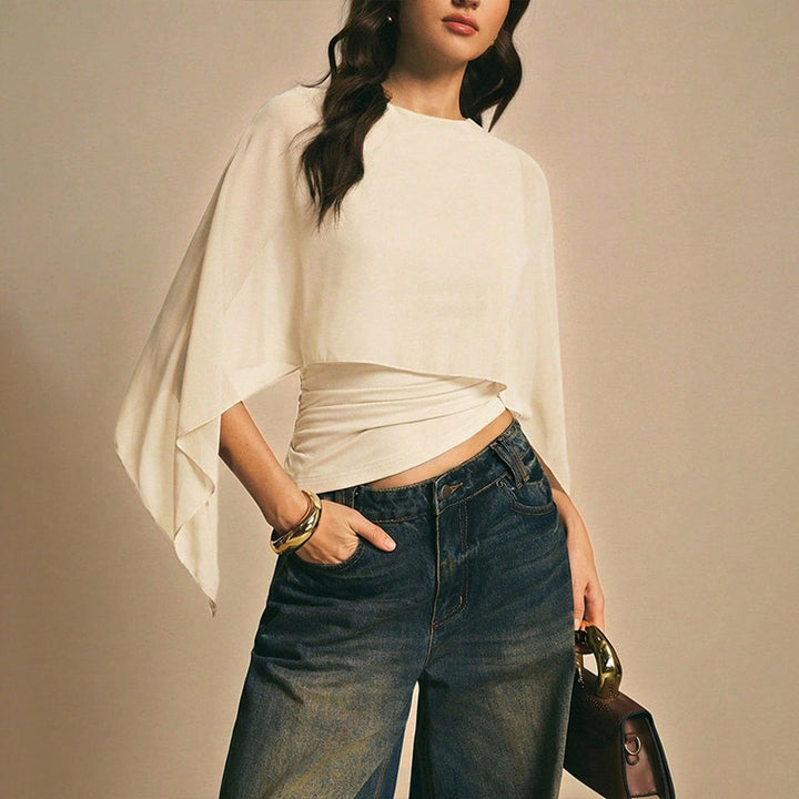 Round neck layered cape sleeve irregular top