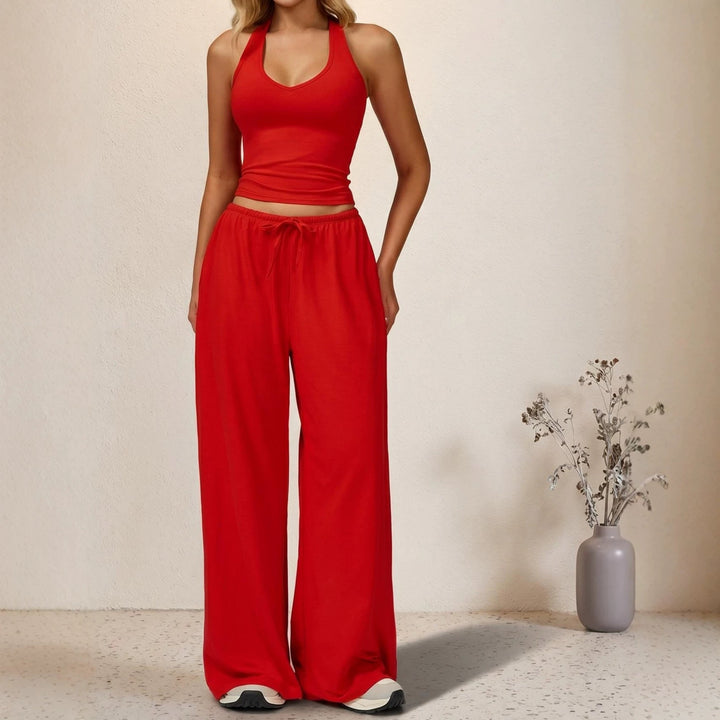 Sporty halter neck top and drawstring pants two-piece set