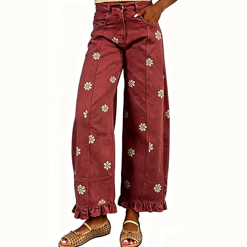 Ruffled floral wide-leg jeans