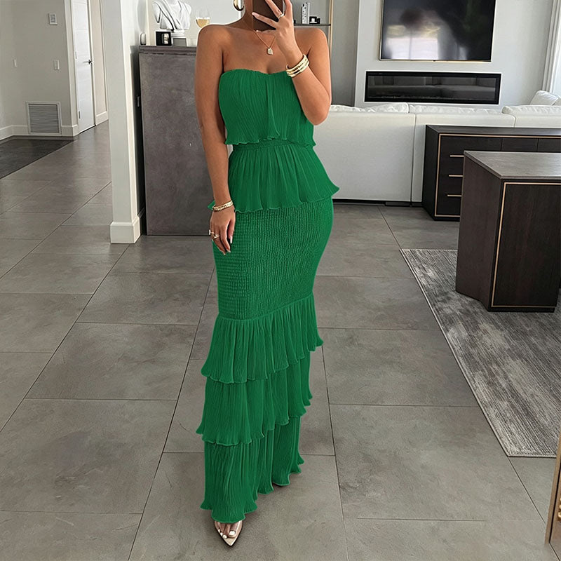 Strapless tiered ruffle fishtail maxi skirt